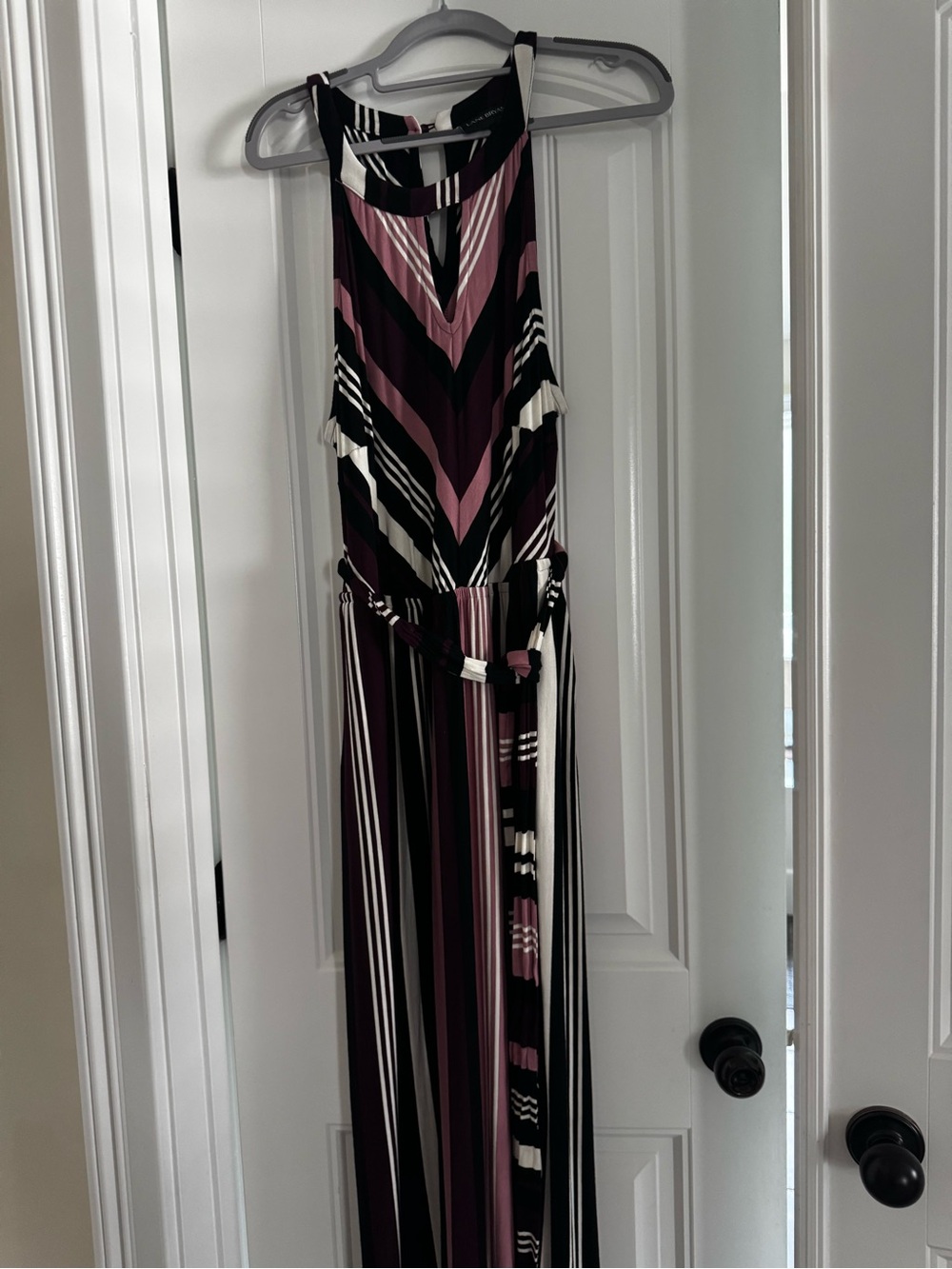 Lane Bryant 14/16 Striped Belted Maxi Dress Black Mauve Cream